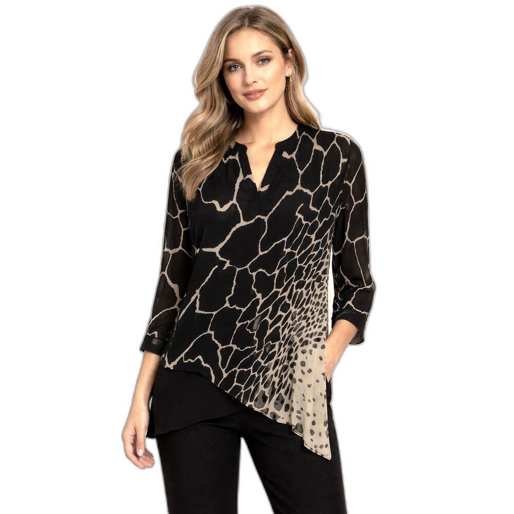 Chico’s Black Tan Giraffe Print Asymmetrical Tunic Blouse Overlay Size 0 (S/M)